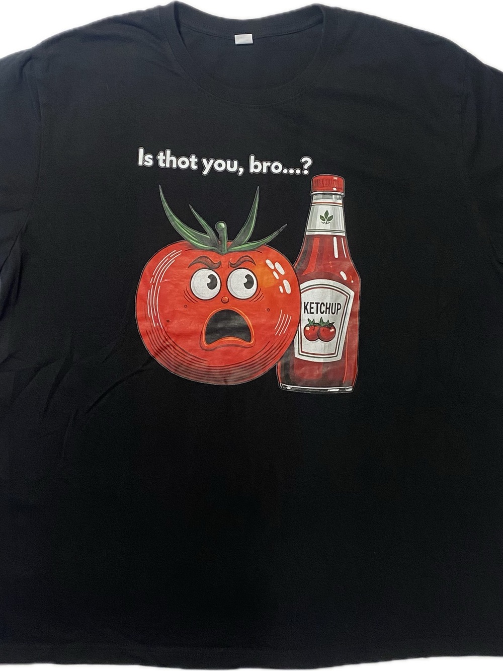 Black Graphic Tee with 'Is thot you, bro...?' Tomato & Ketchup Design